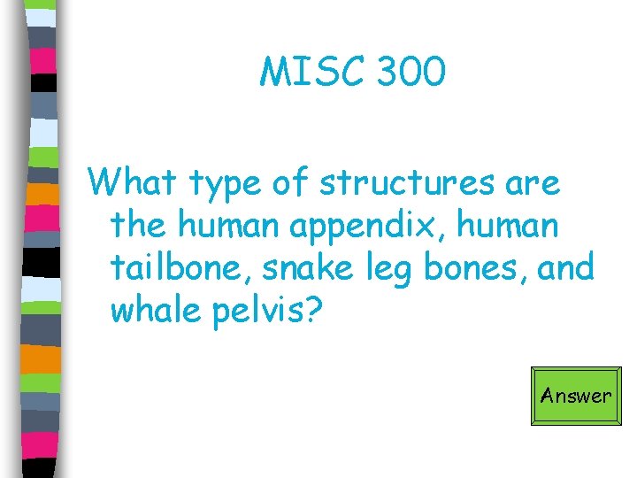MISC 300 What type of structures are the human appendix, human tailbone, snake leg