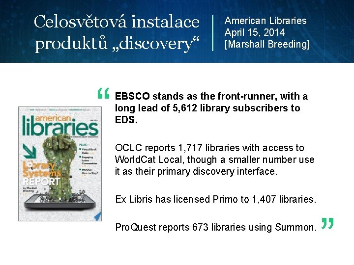 Celosvětová instalace produktů „discovery“ “ American Libraries April 15, 2014 [Marshall Breeding] EBSCO stands