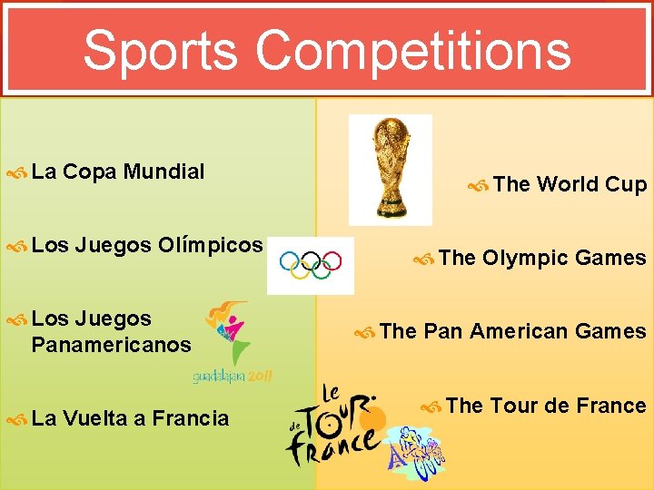 Sports Competitions La Copa Mundial Los Juegos Olímpicos Los Juegos Panamericanos La Vuelta a