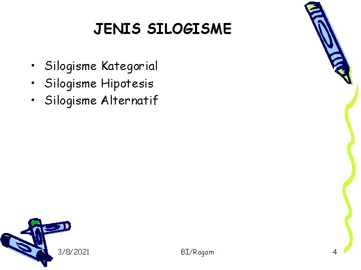 JENIS SILOGISME • Silogisme Kategorial • Silogisme Hipotesis • Silogisme Alternatif 3/8/2021 BI/Ragam 4