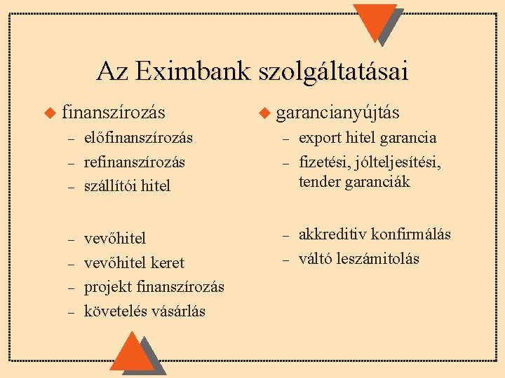 Az Eximbank szolgáltatásai u finanszírozás – – – – u garancianyújtás előfinanszírozás refinanszírozás szállítói