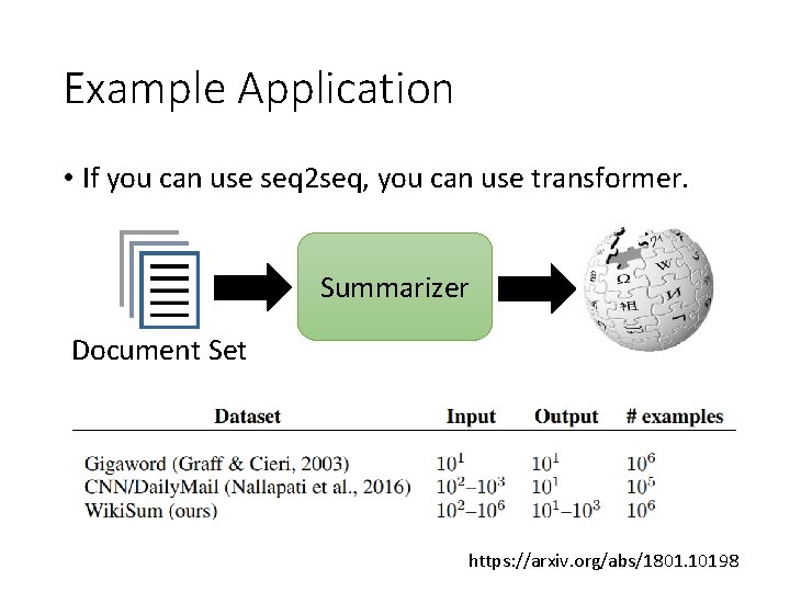 Example Application • If you can use seq 2 seq, you can use transformer.