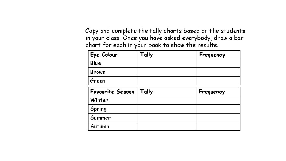 Copy and complete the tally charts based on the students in your class. Once