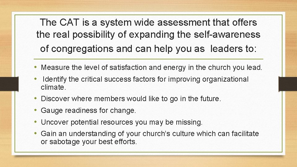 The CAT is a system wide assessment that offers the real possibility of expanding