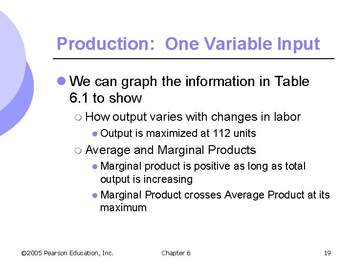 Production: One Variable Input l We can graph the information in Table 6. 1