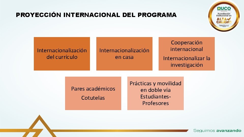 PROYECCIÓN INTERNACIONAL DEL PROGRAMA Internacionalización del currículo Internacionalización en casa Pares académicos Cotutelas Cooperación