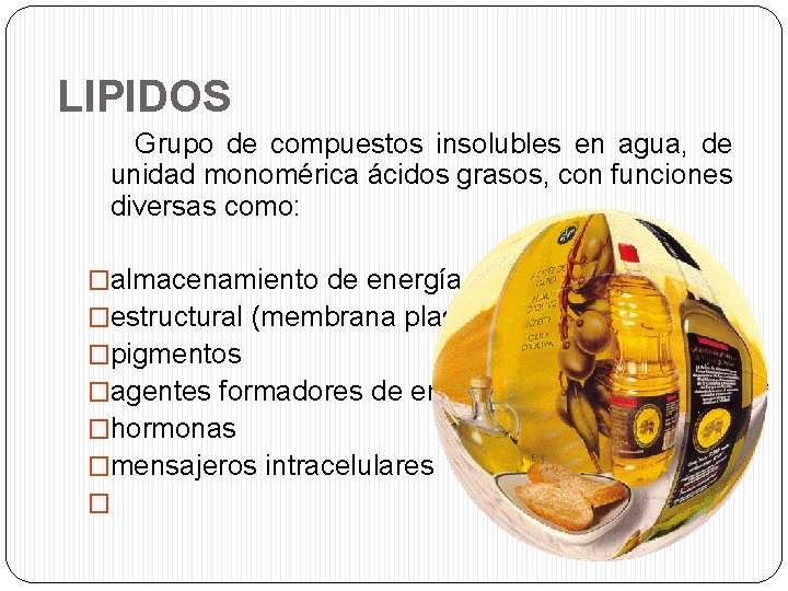 LIPIDOS Grupo de compuestos insolubles en agua, de unidad monomérica ácidos grasos, con funciones