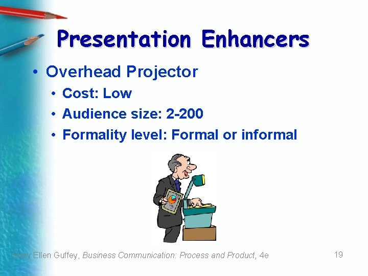 Presentation Enhancers • Overhead Projector • Cost: Low • Audience size: 2 -200 •