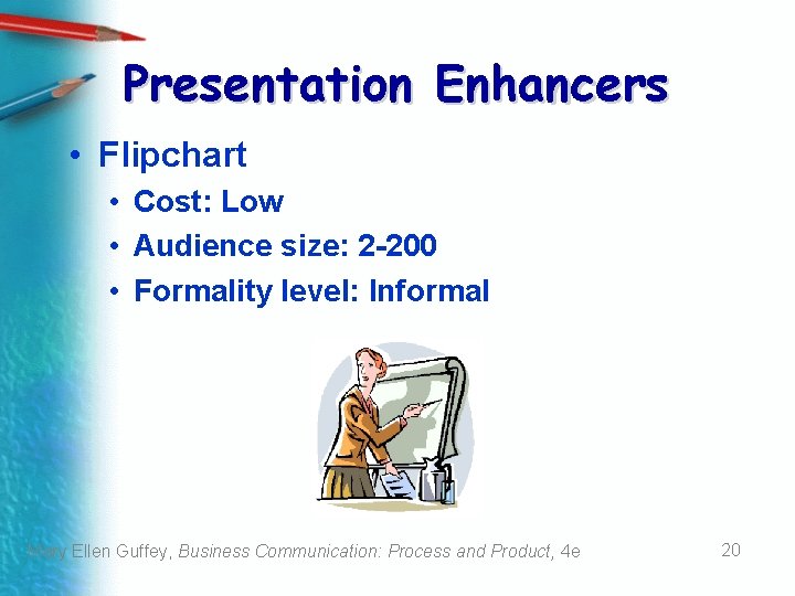 Presentation Enhancers • Flipchart • Cost: Low • Audience size: 2 -200 • Formality