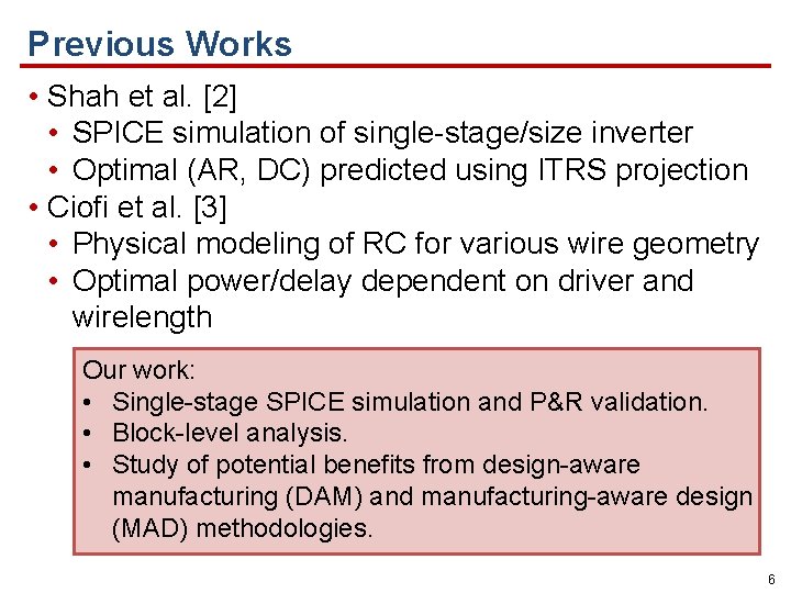 Previous Works • Shah et al. [2] • SPICE simulation of single-stage/size inverter •