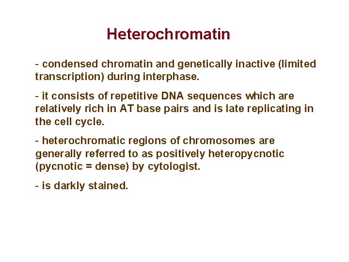 Heterochromatin - condensed chromatin and genetically inactive (limited transcription) during interphase. - it consists