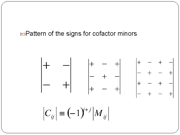  Pattern of the signs for cofactor minors 