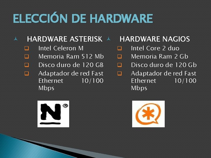 ELECCIÓN DE HARDWARE ASTERISK q q Intel Celeron M Memoria Ram 512 Mb Disco