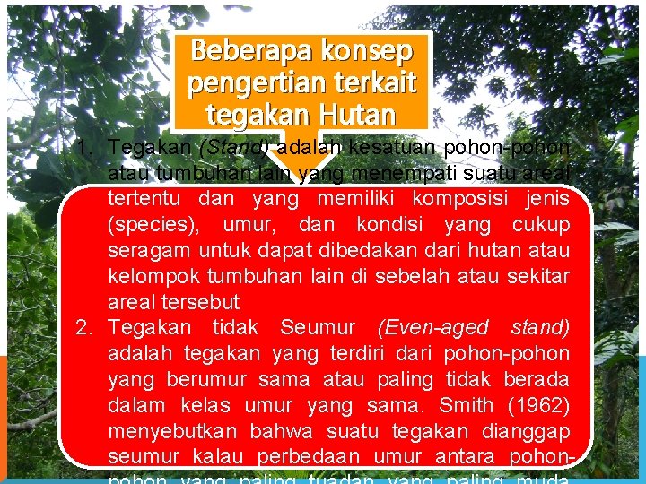 Beberapa konsep pengertian terkait tegakan Hutan 1. Tegakan (Stand) adalah kesatuan pohon-pohon atau tumbuhan