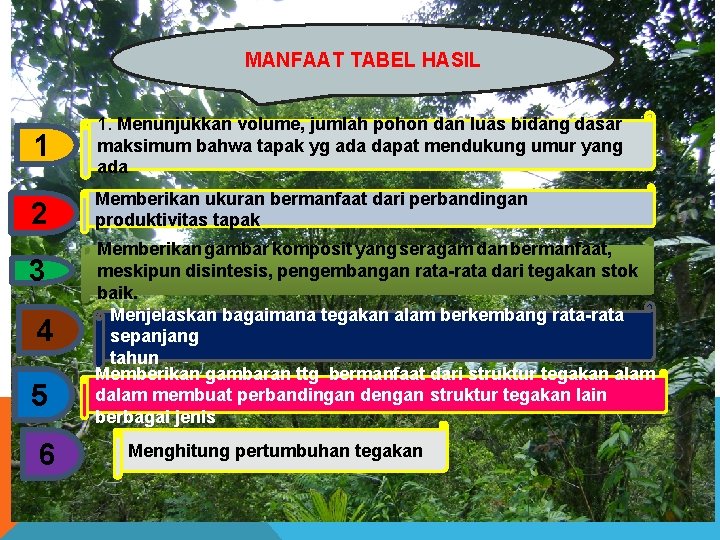 MANFAAT TABEL HASIL 1 1. Menunjukkan volume, jumlah pohon dan luas bidang dasar maksimum