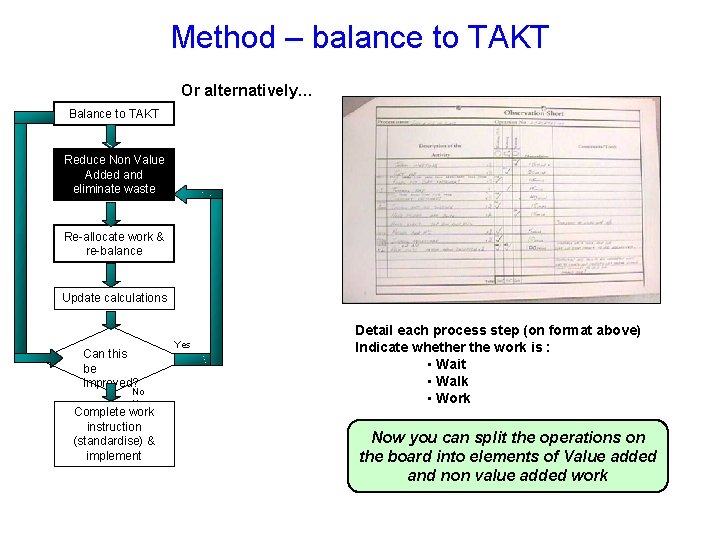 Method – balance to TAKT Or alternatively… Balance to TAKT Reduce Non Value Added