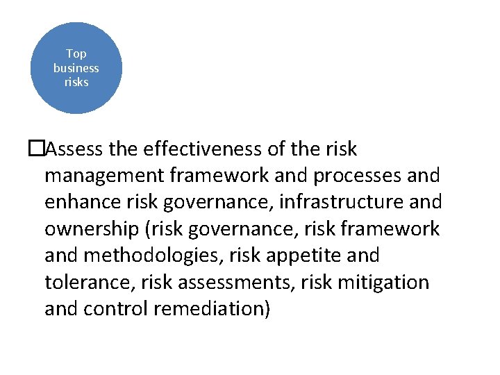 Top business risks �Assess the effectiveness of the risk management framework and processes and