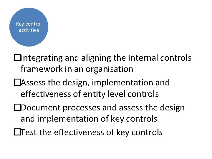 Key control activities �Integrating and aligning the Internal controls framework in an organisation �Assess