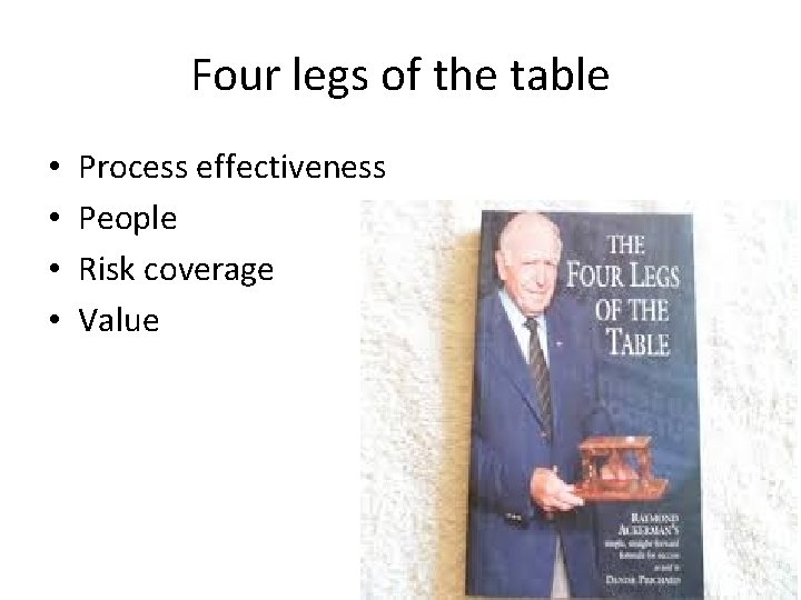 Four legs of the table • • Process effectiveness People Risk coverage Value 