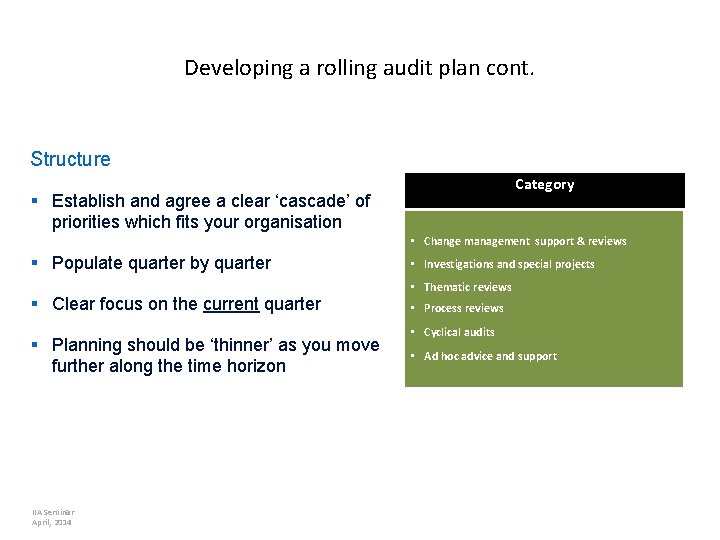 Developing a rolling audit plan cont. Structure Category § Establish and agree a clear