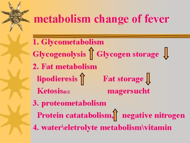 metabolism change of fever 1. Glycometabolism Glycogenolysis Glycogen storage 2. Fat metabolism lipodieresis Fat