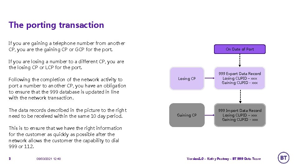 The porting transaction If you are gaining a telephone number from another CP, you