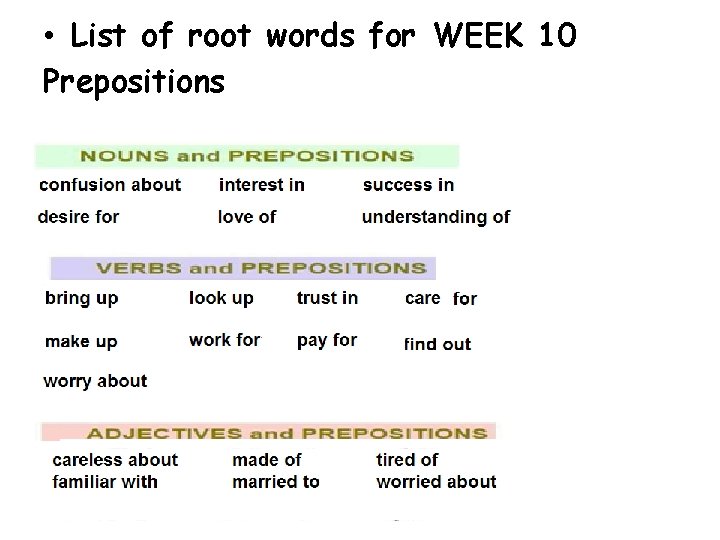 • List of root words for WEEK 10 Prepositions • List of root words for WEEK 10 Prepositions
