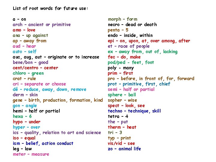 List of root words for future use: a – on arch – ancient or List of root words for future use: a – on arch – ancient or