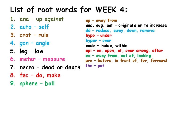 List of root words for WEEK 4: 1. 2. 3. 4. 5. 6. 7.