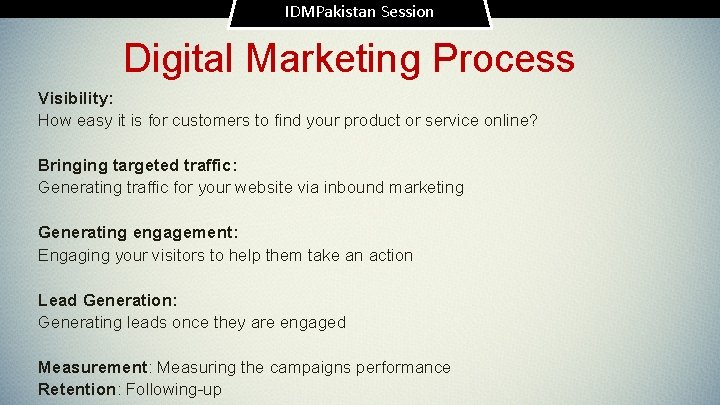 IDMPakistan Session Digital Marketing Process Visibility: How easy it is for customers to find