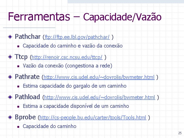 Ferramentas – Capacidade/Vazão Pathchar n Capacidade do caminho e vazão da conexão Ttcp n