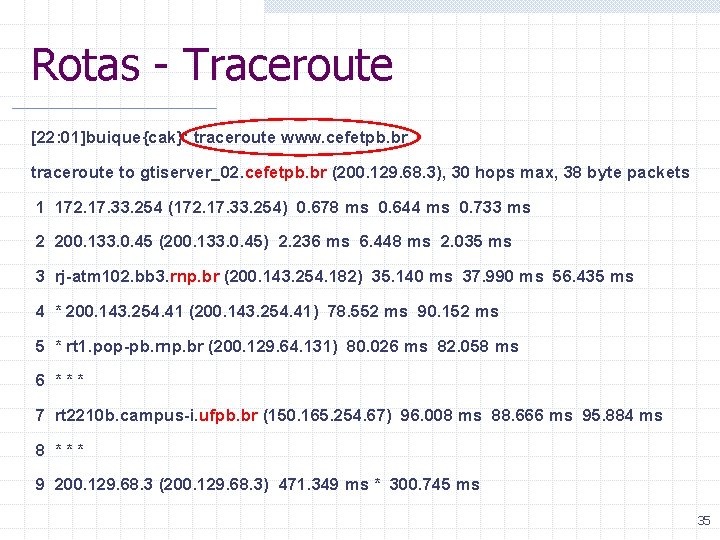 Rotas - Traceroute [22: 01]buique{cak}: traceroute www. cefetpb. br traceroute to gtiserver_02. cefetpb. br