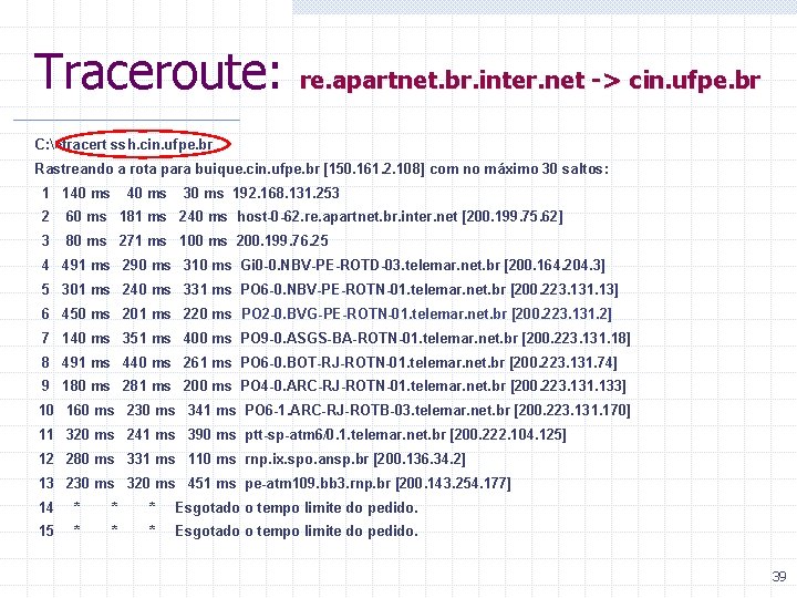Traceroute: re. apartnet. br. inter. net -> cin. ufpe. br C: >tracert ssh. cin.