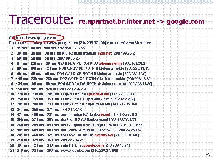 Traceroute: re. apartnet. br. inter. net -> google. com C: >tracert www. google. com