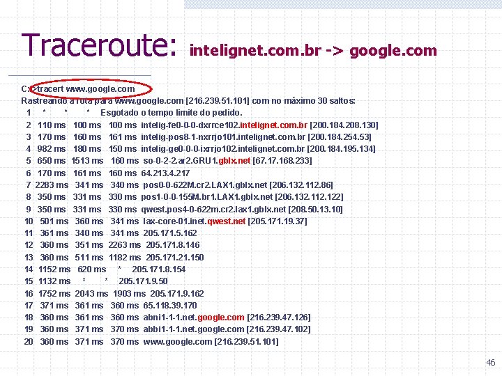 Traceroute: intelignet. com. br -> google. com C: >tracert www. google. com Rastreando a