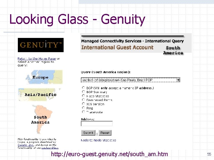 Looking Glass - Genuity http: //euro-guest. genuity. net/south_am. htm 55 