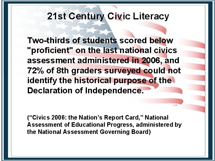 21 st Century Civic Literacy Two-thirds of students scored below "proficient" on the last