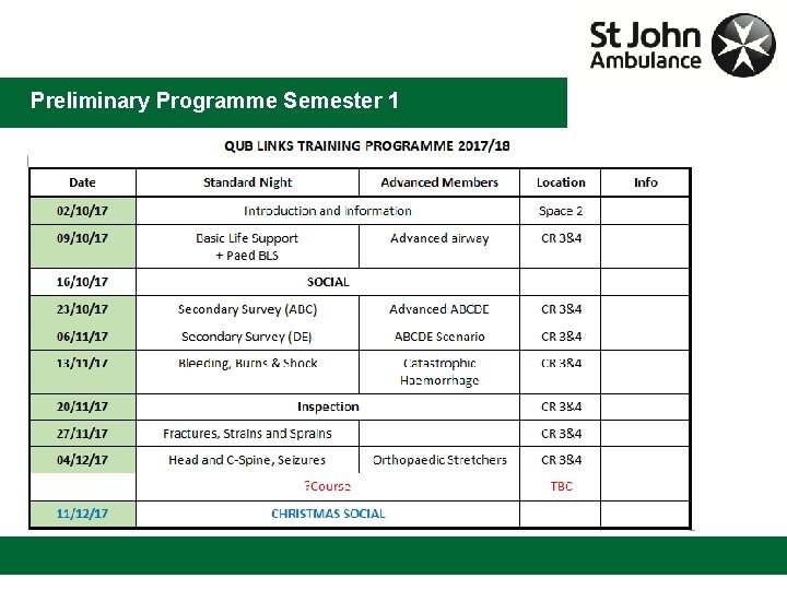 Training Programme 2013 Preliminary Programme Semester 1 