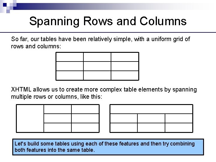 Spanning Rows and Columns So far, our tables have been relatively simple, with a