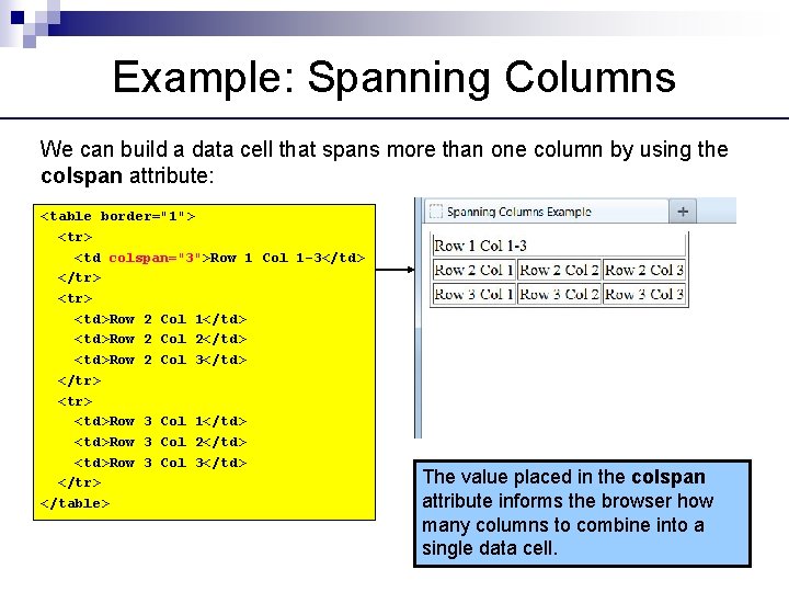 Example: Spanning Columns We can build a data cell that spans more than one