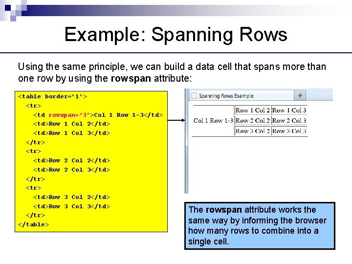 Example: Spanning Rows Using the same principle, we can build a data cell that