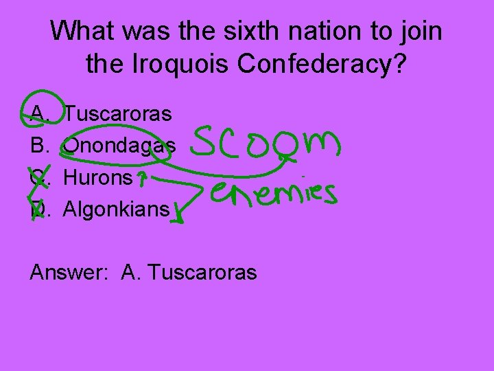 What was the sixth nation to join the Iroquois Confederacy? A. B. C. D.