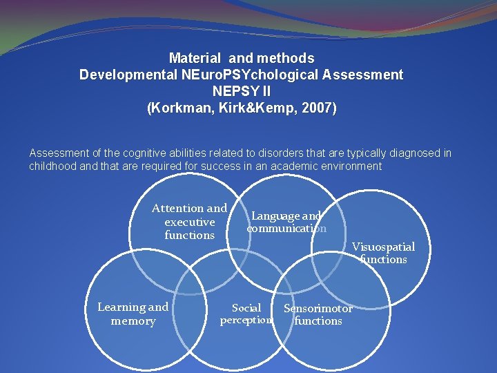 Material and methods Developmental NEuro. PSYchological Assessment NEPSY II (Korkman, Kirk&Kemp, 2007) Assessment of