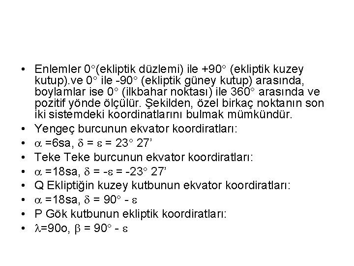  • Enlemler 0°(ekliptik düzlemi) ile +90° (ekliptik kuzey kutup). ve 0° ile -90°