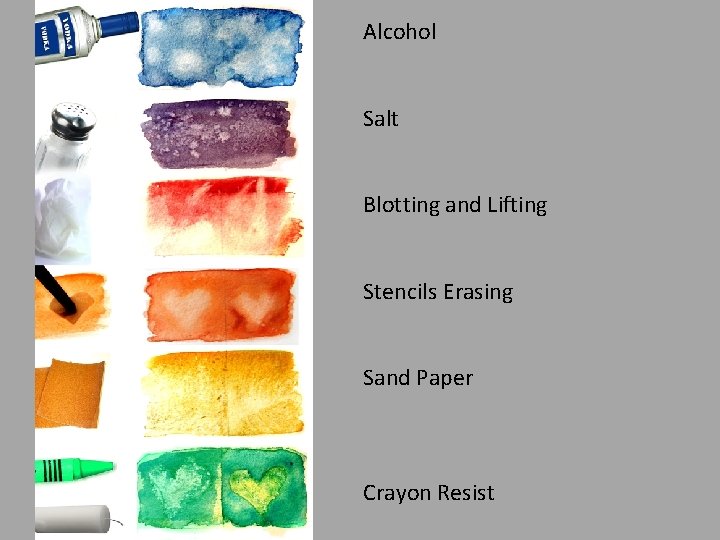 Alcohol Salt Blotting and Lifting Stencils Erasing Sand Paper Crayon Resist 