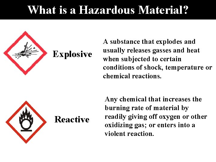 What is a Hazardous Material? Explosive Reactive A substance that explodes and usually releases