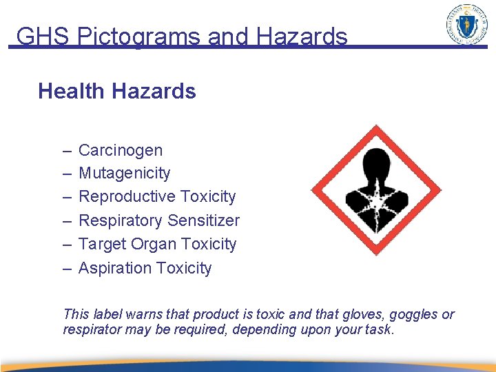 GHS Pictograms and Hazards Health Hazards – – – Carcinogen Mutagenicity Reproductive Toxicity Respiratory