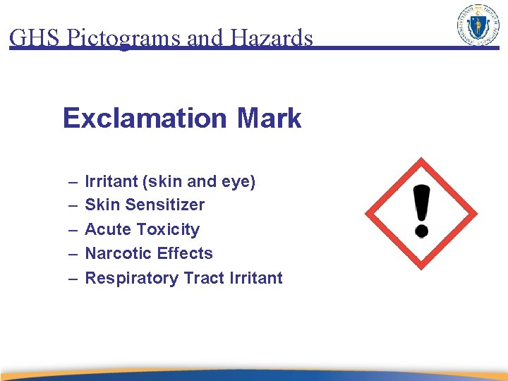 GHS Pictograms and Hazards Exclamation Mark – – – Irritant (skin and eye) Skin