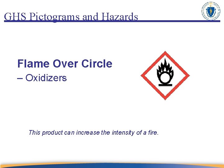 GHS Pictograms and Hazards Flame Over Circle – Oxidizers This product can increase the