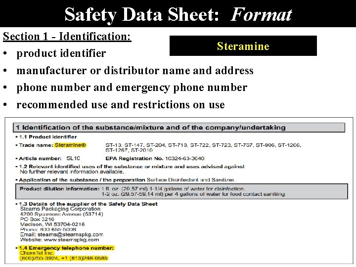 Safety Data Sheet: Format Section 1 - Identification: Steramine • product identifier • manufacturer